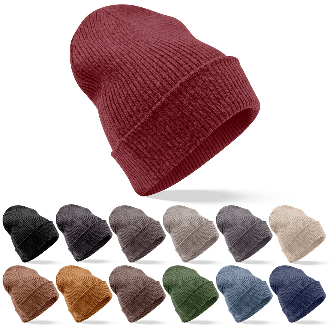 Bonnet en cachemire côtelé avec revers - rouge foncé 