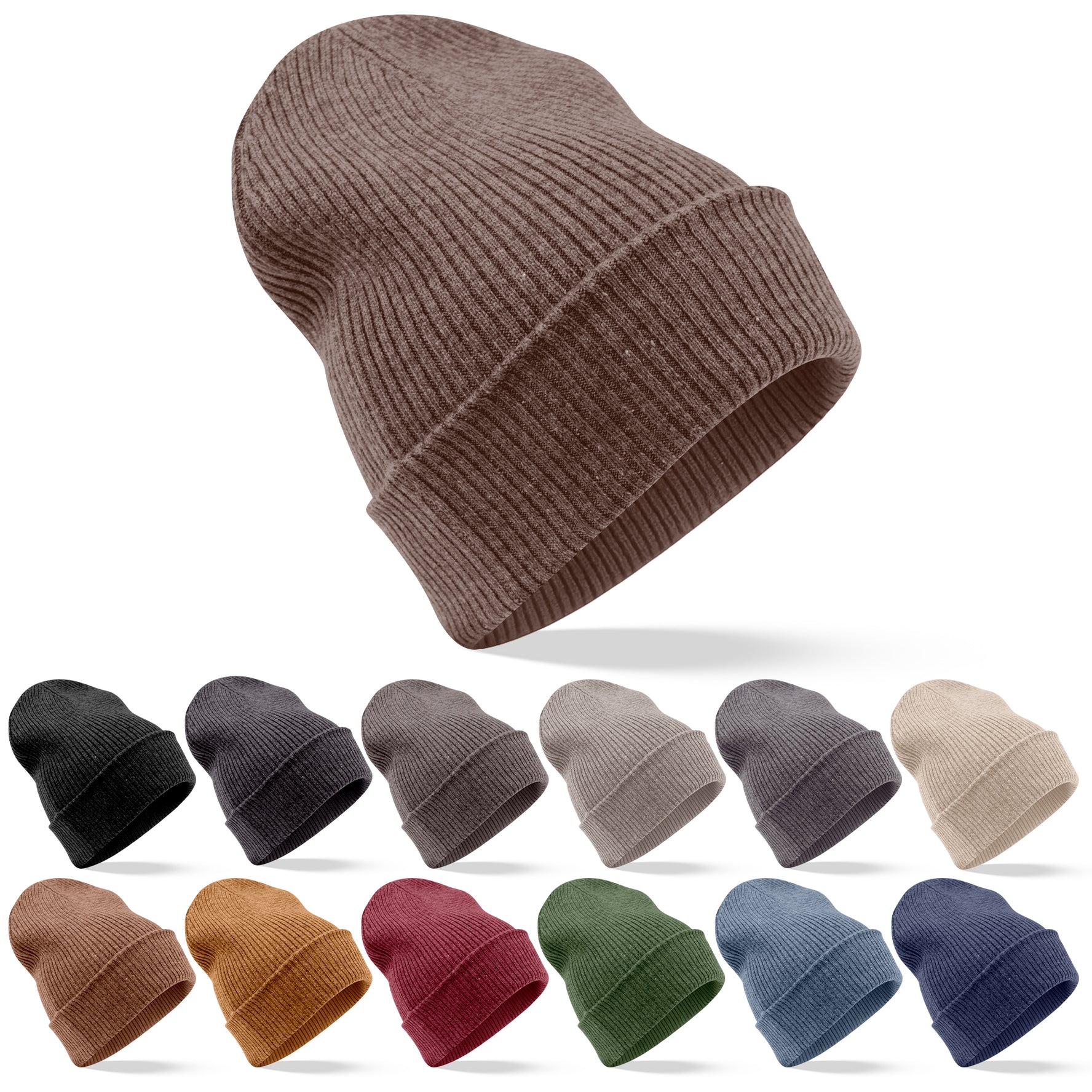 Bonnet en cachemire côtelé avec revers - marron foncé 