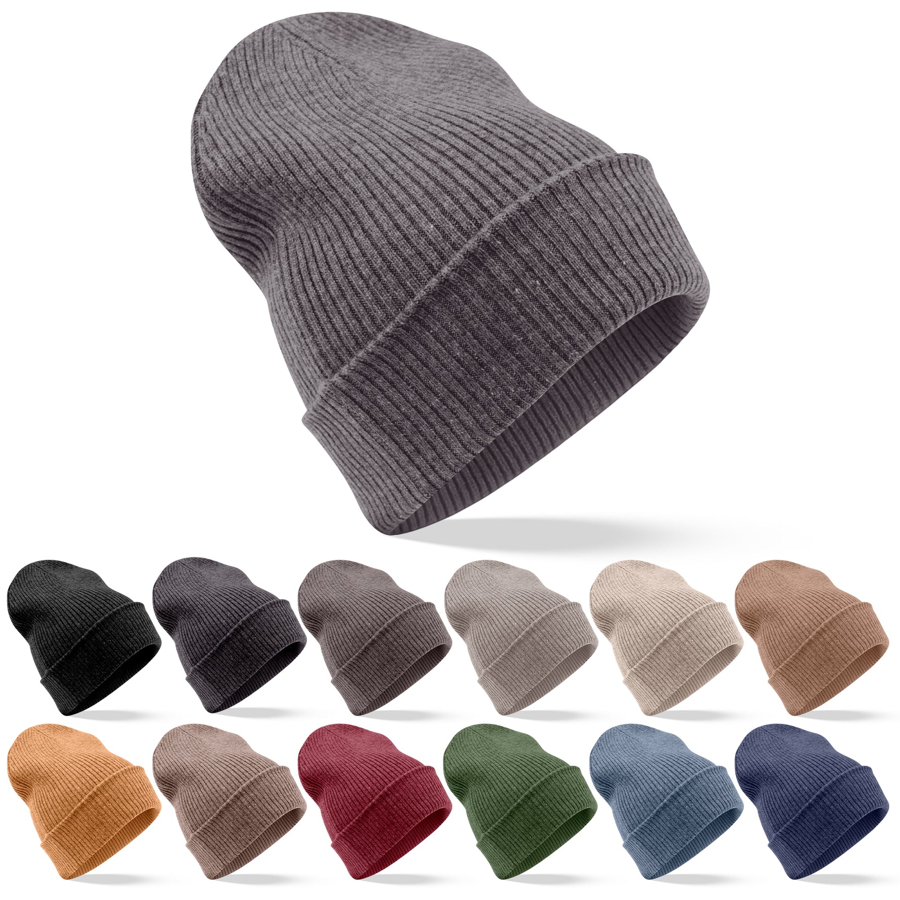 Bonnet en cachemire côtelé avec revers - gris foncé 