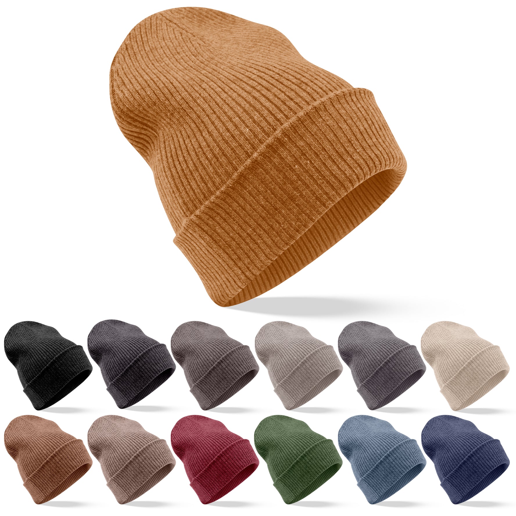 Bonnet en cachemire côtelé avec revers - marron clair 