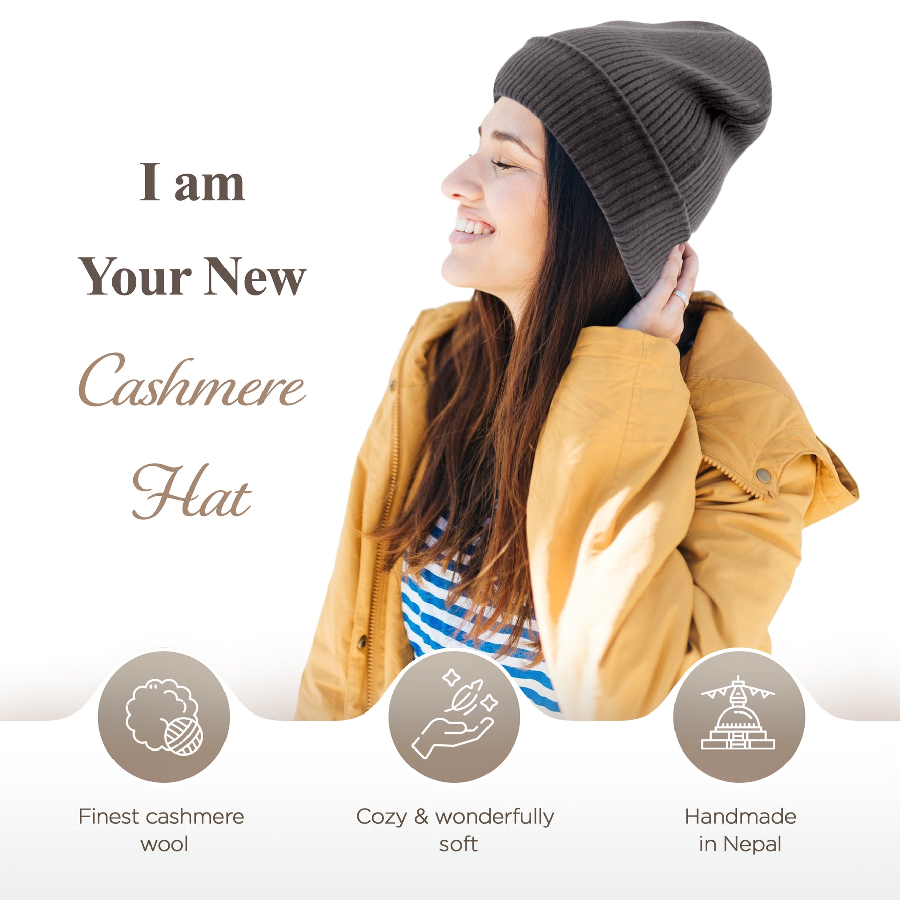 Bonnet bonnet cachemire côtelé avec revers noir gris 