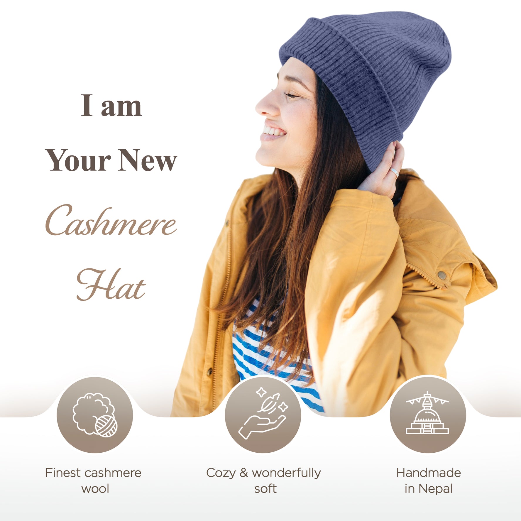 Bonnet bonnet cachemire côtelé avec revers bleu foncé 