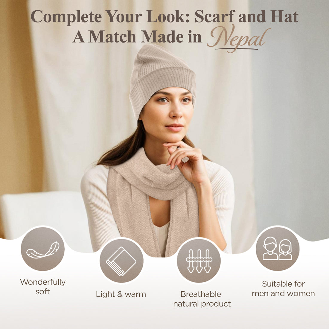 Bonnet en cachemire côtelé avec revers - blanc gris 