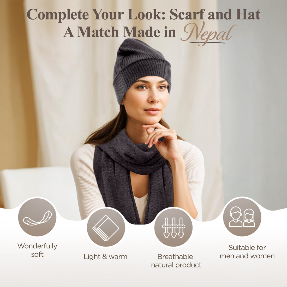 Bonnet bonnet cachemire côtelé avec revers noir gris 