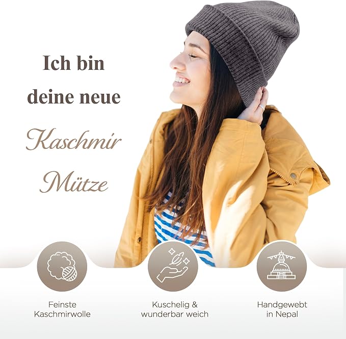 Bonnet en cachemire côtelé avec revers - gris foncé 