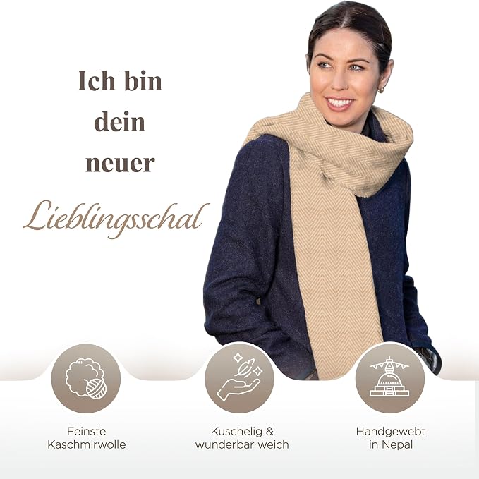 Echarpe en cachemire beige doré à motif chevrons moyen