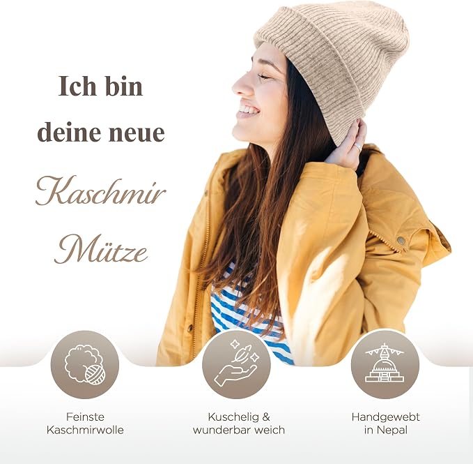 Bonnet en cachemire côtelé avec revers - blanc gris 