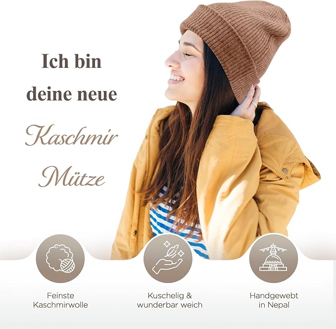 Bonnet bonnet en cachemire côtelé avec revers marron 