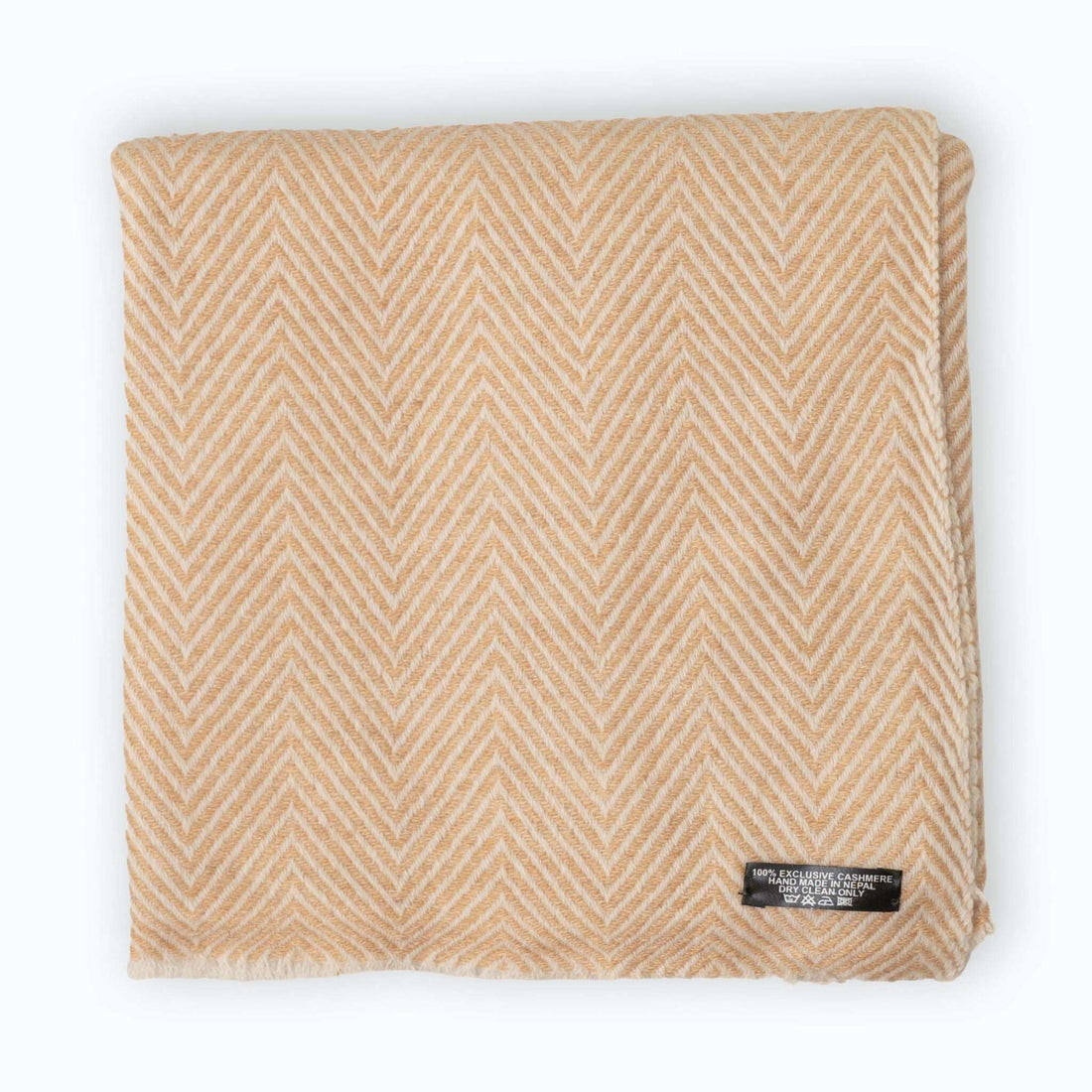 Echarpe en cachemire beige doré à motif chevrons moyen